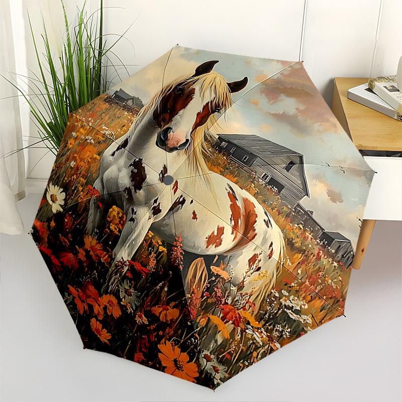 

Horse, Field Themed Automatic Opening and Closing Umbrella, Brightly Colored 8-rib Portable Umbrella, Suitable for Men and Women, A Perfect