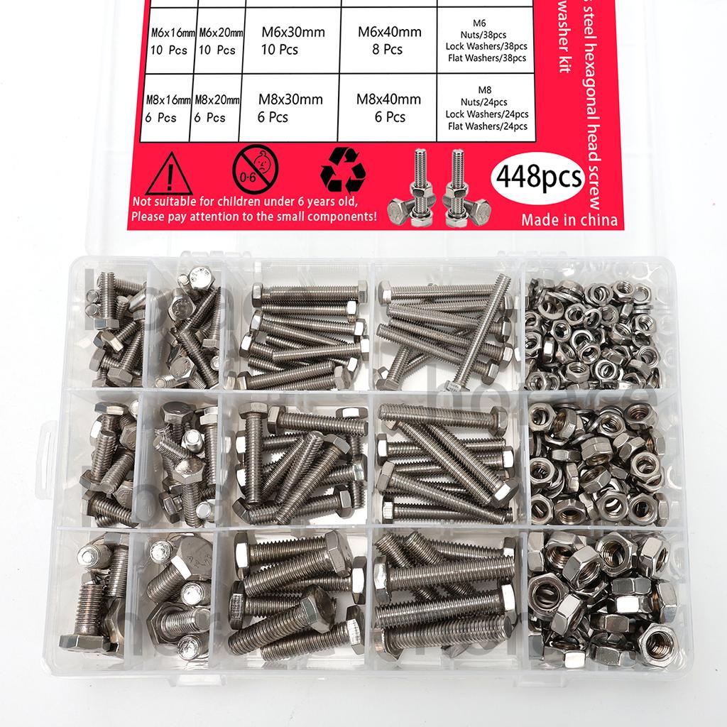 448PCS Stainless Steel Metric Bolt Assemblies, M5 M6 M8, Nut and Bolt Set Flat Washers and Spring Washers, Hex Head Screw Bolt a