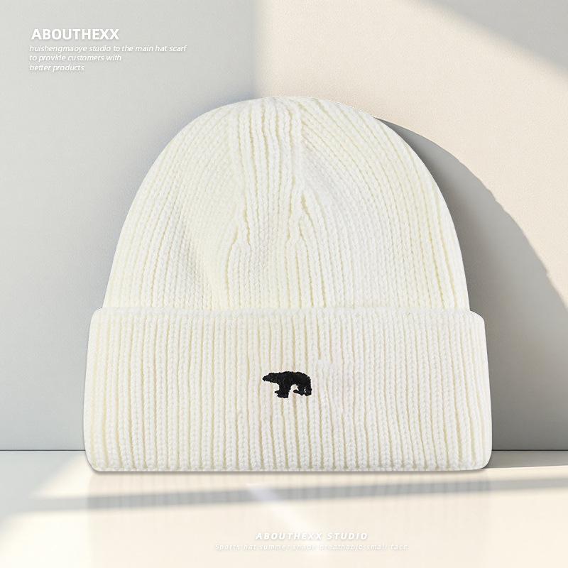 

Autumn and Winter Warm Woolen Hat for Women Korean Style Casual Polar Bear Embroidered Knitted Hat Student Couple Cold Hat Trendy M（56-60m）