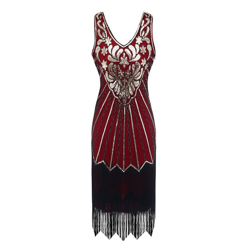 Vintage V-neck sequined fringed dress, evening dress, Gatsby dinner dress, stage performance dress.