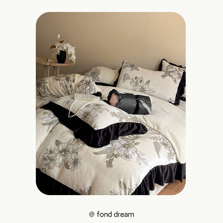 G5Z Melkfluweel & Kant Beddengoed Set: Verdikte Vierdelige Flanel & Koraalvlies, Dubbelzijdig met Dekbedovertrek.