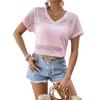 Summer Women's Holiday Style Solid Colour Fashion Loose Lace V-Neck Bat Short Sleeve T-Shirt
