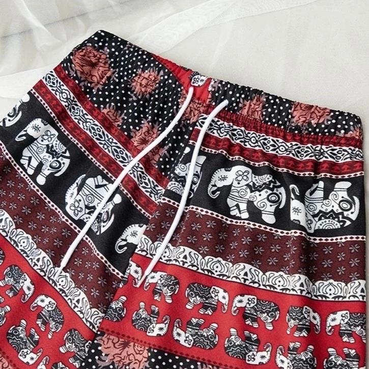 Elephant Pants Shorts Casual Adjustable Elastic High Waistband Strap Rope Women Men Unisex Print Thailand Streetwear Beach Bohemian Retro Vintage
