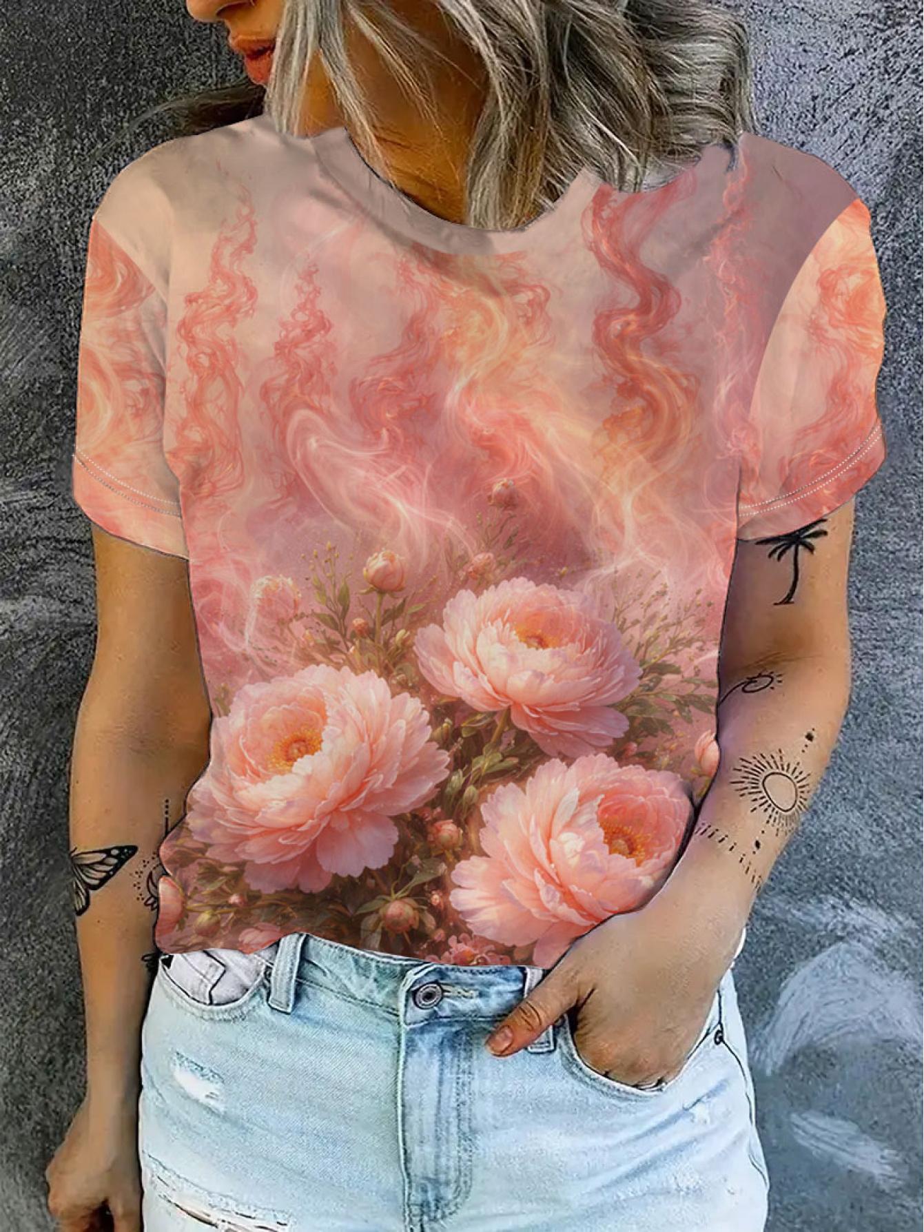 

Women s Summer Short Sleeve Blouse-Compatible T-Shirt Suitable for Casual Vacation Wear. Loose Fit Round Neck -Line Top with Dreamy Pink Peony Print. M дубильная кора