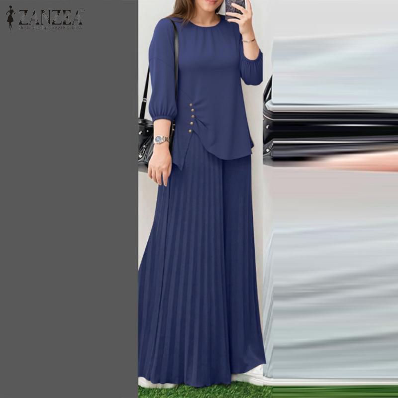 

ZANZEA Женская блузка и широкие брюки повседневные комплекты из двух предметов 5XL темно-синий