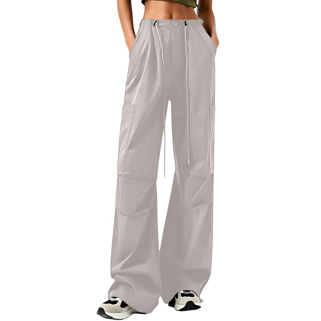 Women's High Waist Wide Leg Cargo Pants Loose Fit Casual Trousers with Pockets Adjustable Waistband and Button Closure