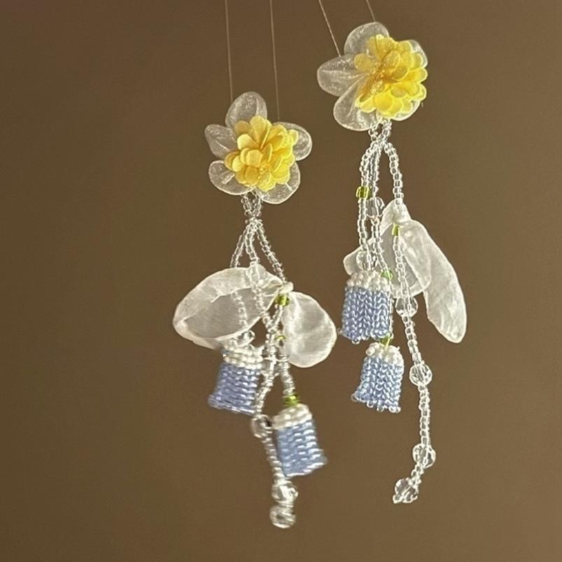 

Шифоновые серьги-цветы с бахромой из стекляруса, милые серьги в стиле ранней весны для отпуска, серьги с преувеличенной атмосферой, женские