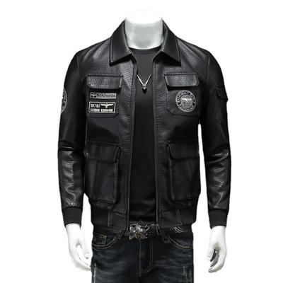 Jarní a podzimní nový pilotní kabát s koženou bundou ve vojenském stylu Pánský kožený kabát s přiléhavým střihem Slim Fit s klopou a výšivkou