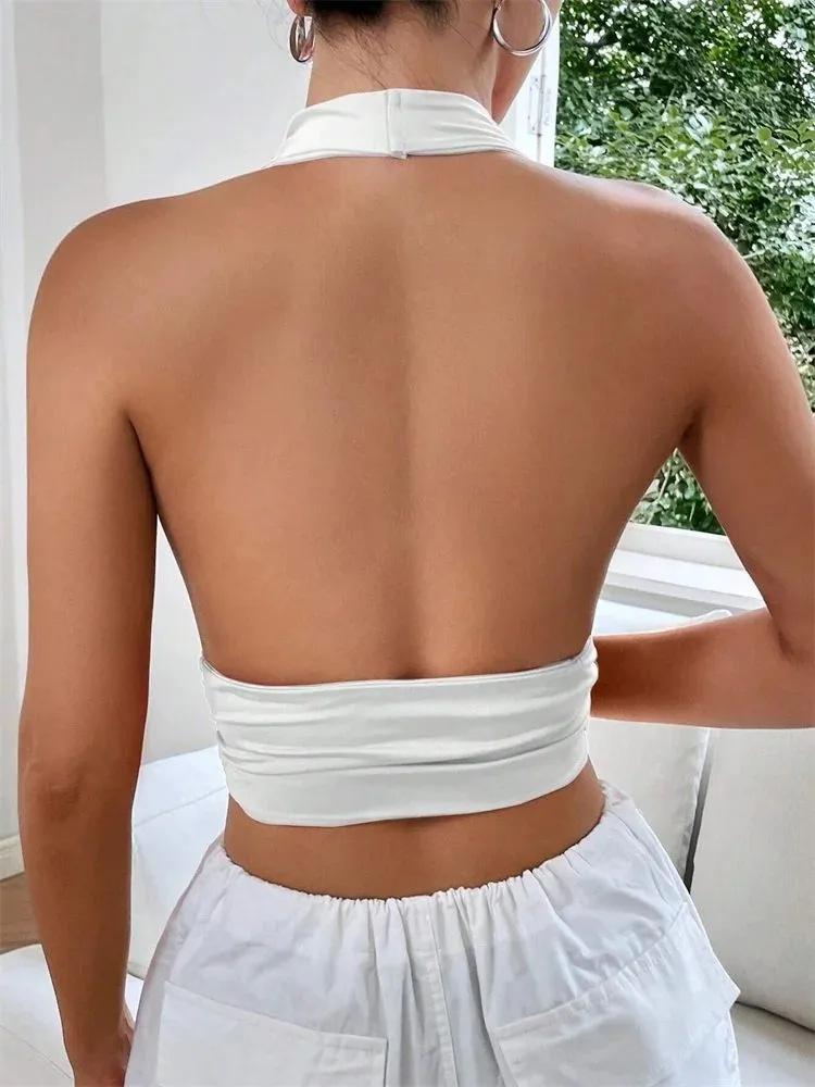 Crop Top Phumee Sleeveless Backless Halter Deep V-neck A2067