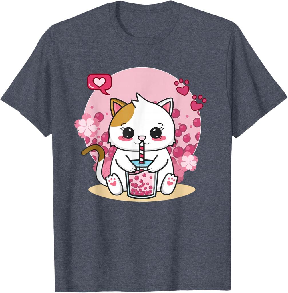 Kawaii Cat Boba Tea Drink Lover Graphic Tee Cute Anime Neko Kitten T-Shirt Unisex Casual Trip