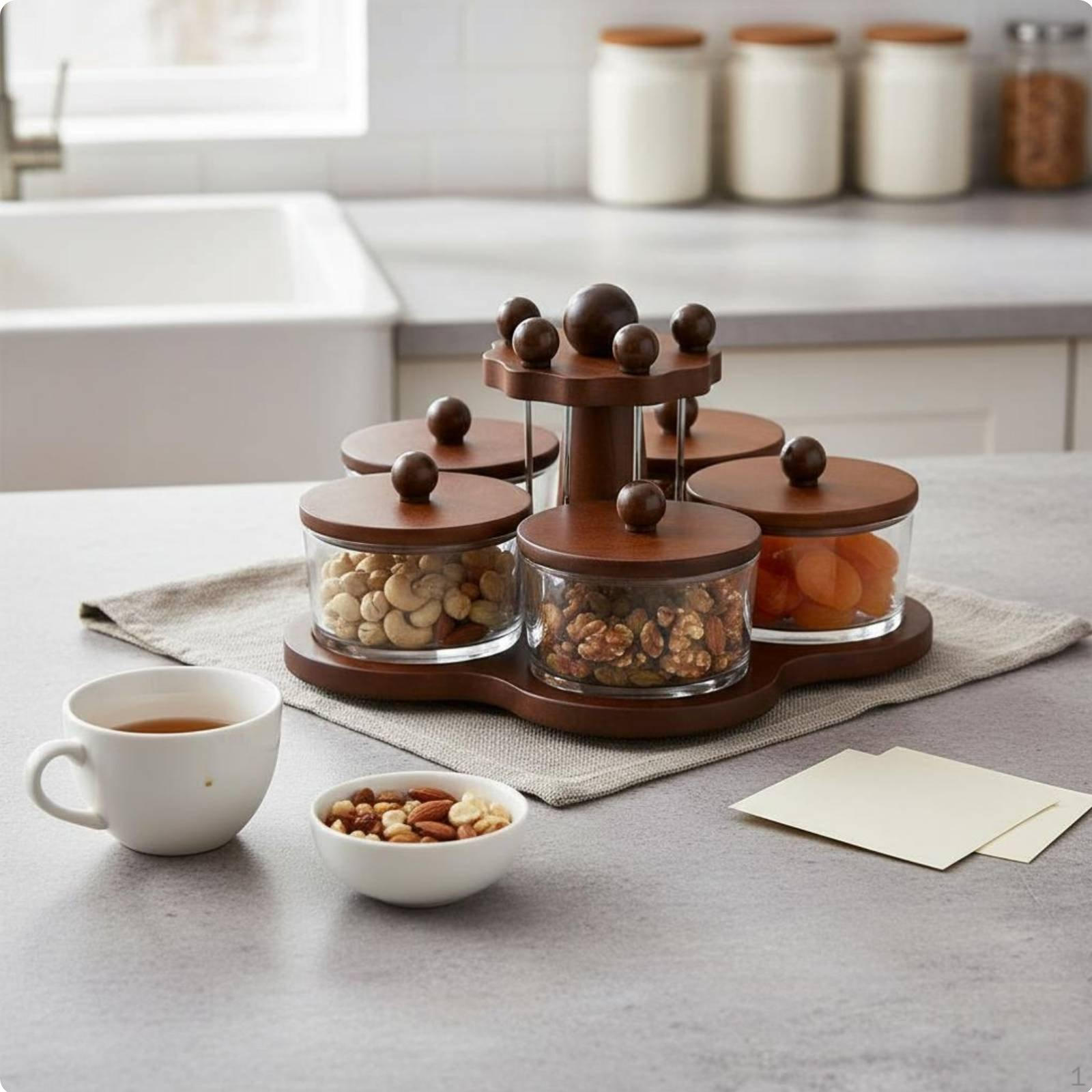 Rotating Snack Serving Tray With Lids 5 Compartment Box Compartmentalized Design Ceramic Transparent Glass