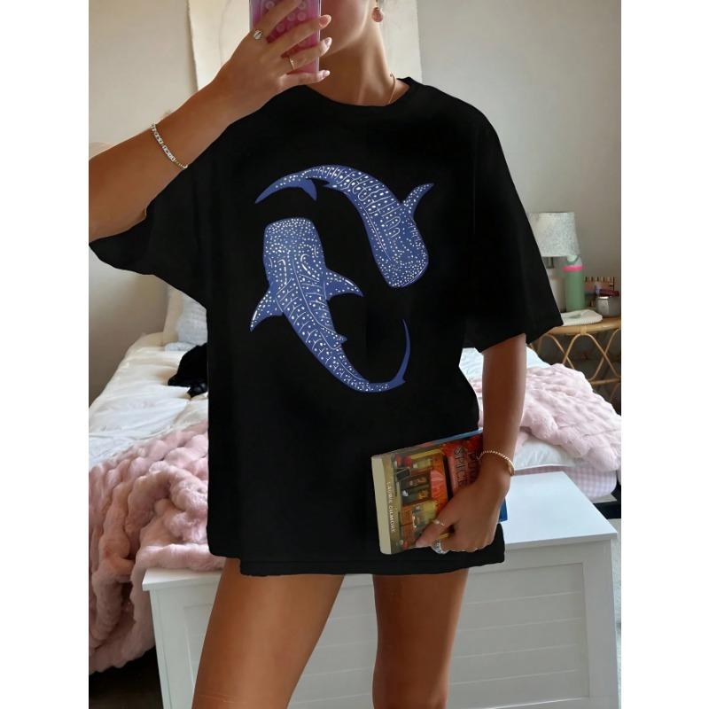 Blauer Walhai Einfache Druck T-Shirts Damen Sommer Tops Bequemes O-Ausschnitt T-Shirt Mode Lässige Damenbekleidung Beliebt