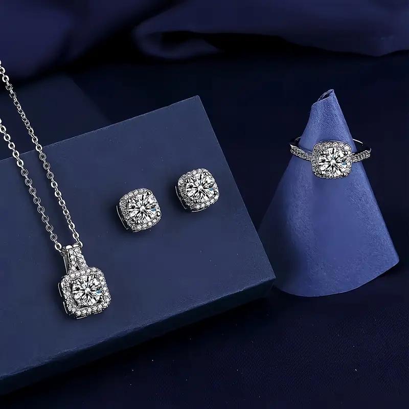 Elegant Square Cut Zirconia Jewelry Set - Shimmering Earrings, Necklace, And Ring - Timeless Luxury for Women - Perf… More