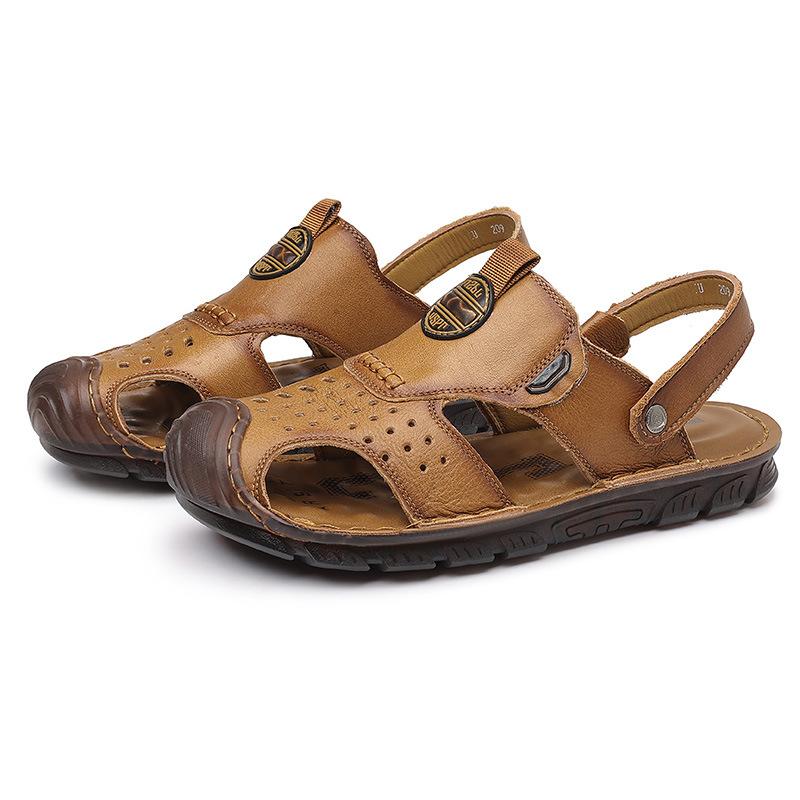 First Layer Cowhide Sandals Men's Bag Head Summer Wear Casual Beach Shoes Men's Non-slip Hollow Slippers Men's Beef Tendons