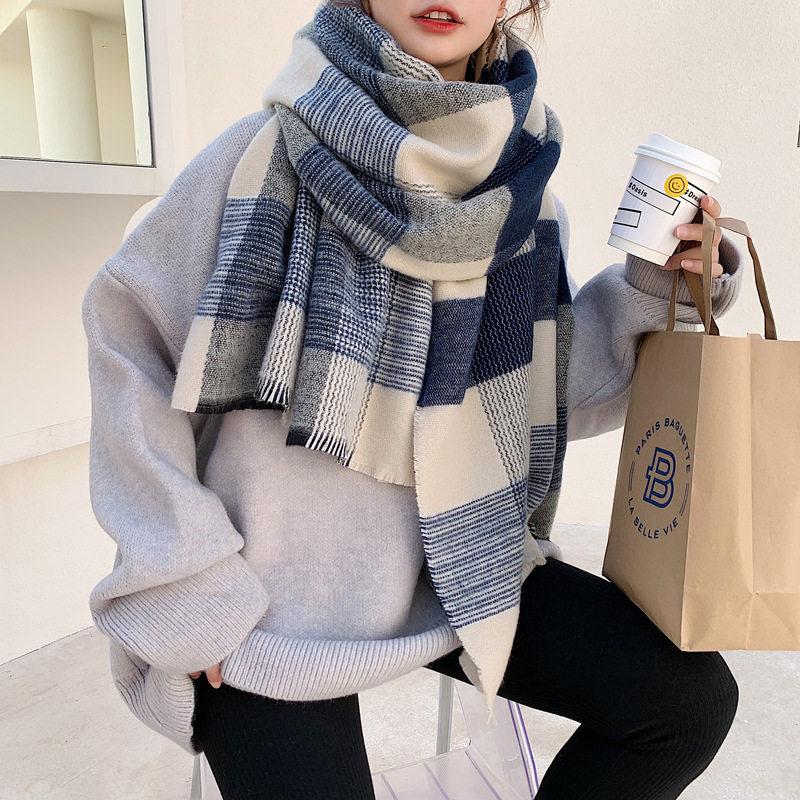 Scarf Women's Winter All Match Japanese Style White Blue Plaid Imitation Cashmere Shawl Student Warm Couple Thickened Scarf