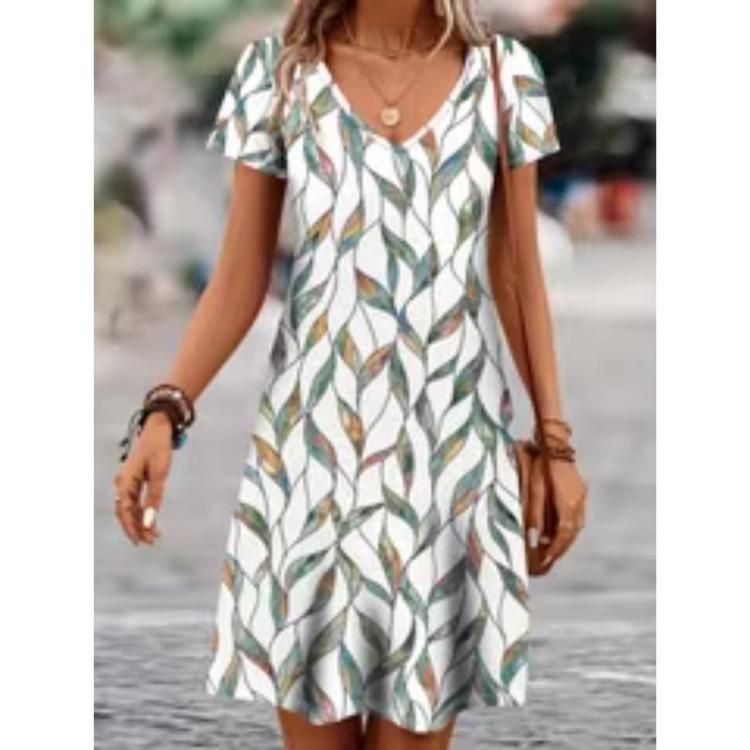 Women All Season Casual V Neck Leaf Print Dress Comfort Style S