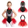 Girls Circus Ringmaster Leotard Halter Sleeveless Cutout Back Gold Trim Color Block Tulle Skirt for Halloween Role Playing Theme Party
