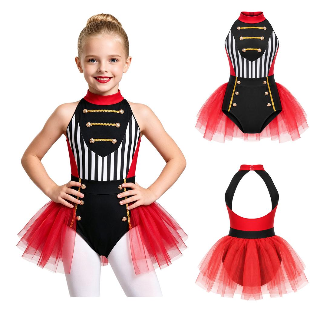 Girls Circus Ringmaster Leotard Halter Sleeveless Cutout Back Gold Trim Color Block Tulle Skirt for Halloween Role Playing Theme Party