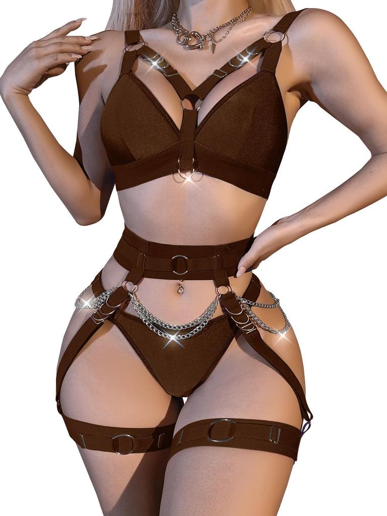 Lilosy Sexy Chain Strappy Garter Belt Women Lingerie Set Rave Outfits