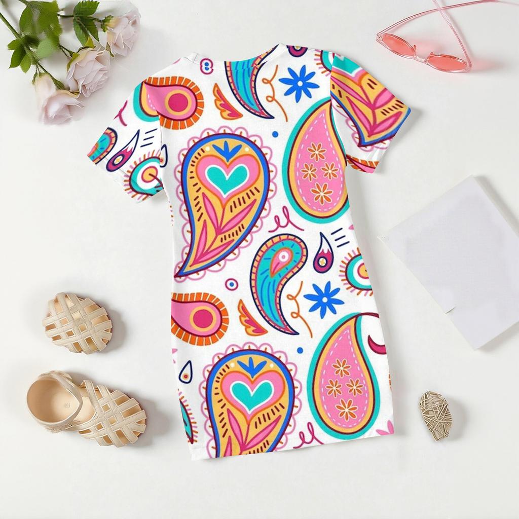 Girls Print Casual Dress Kids Loose Round Neck Short Sleeve Thin Sundress