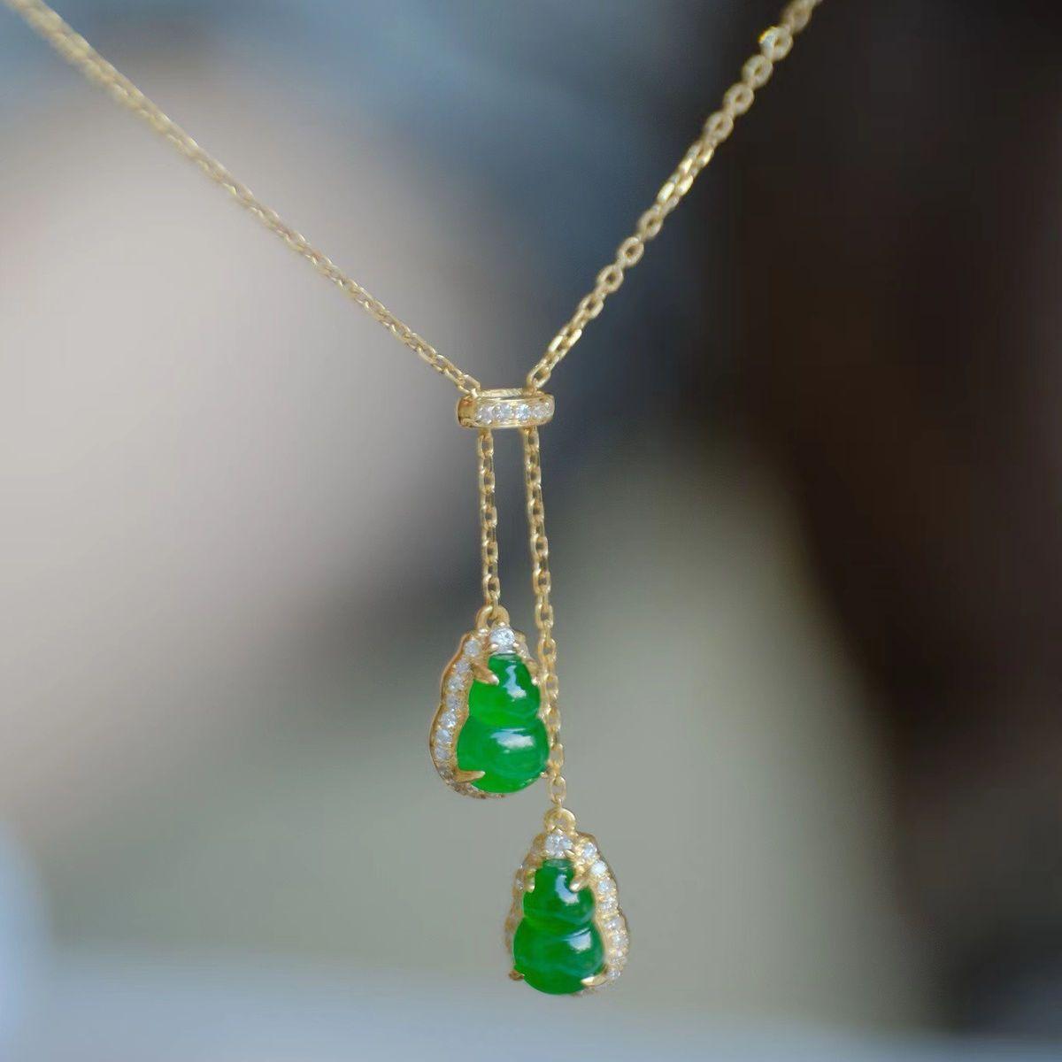 Natürlicher Jade Chalcedon Grün Doppelkürbis Anhänger Leichter Luxus Und Hohe Qualität Vintage Halskette Schlüsselbeinkette Bankettschmuck 45cm gray