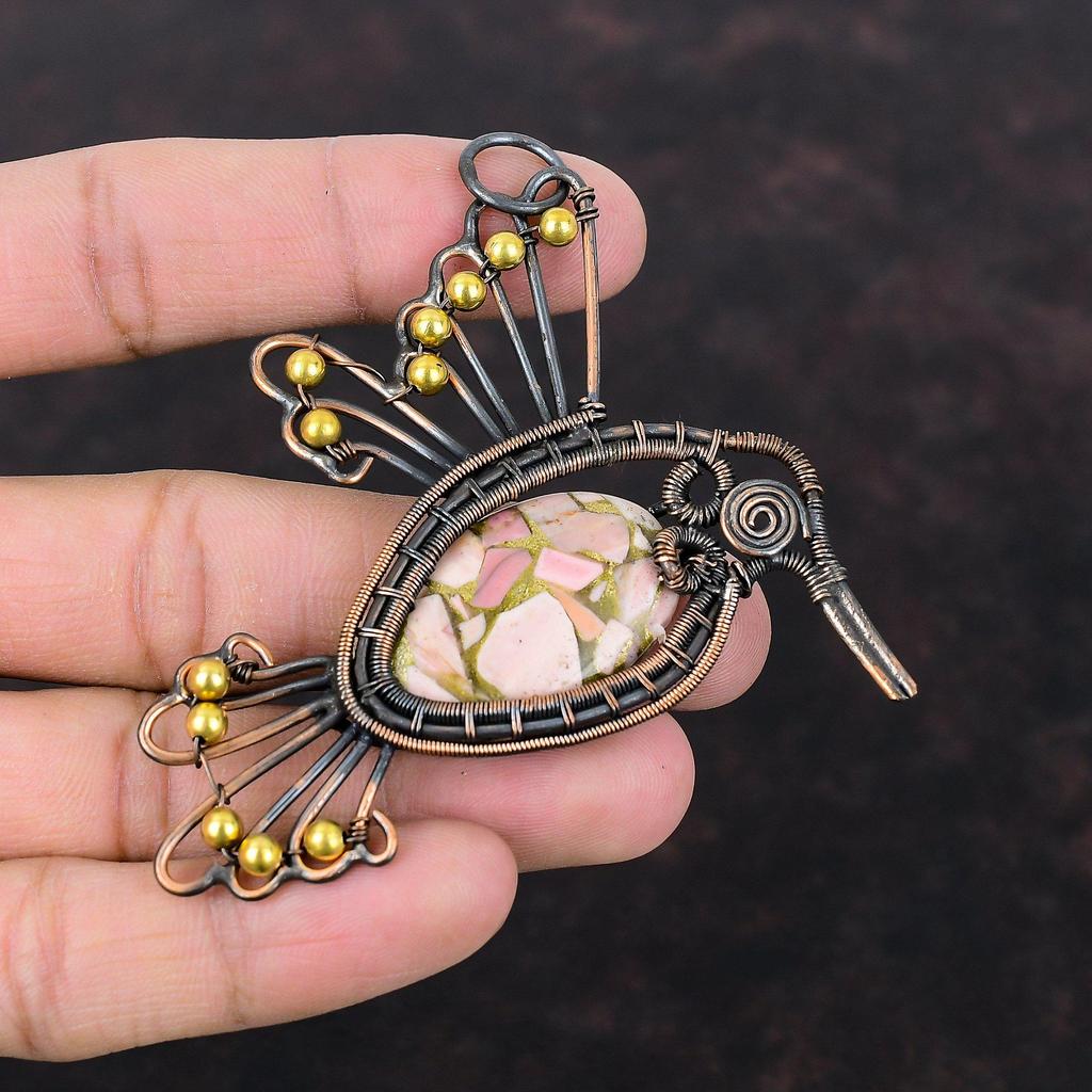 Copper Pink Opal Pendant Copper Wire Wrapped Pendant Gemstone Jewelry Handmade Dainty Pendant Bird Pendants Copper Wire Jewelry Gift For Her
