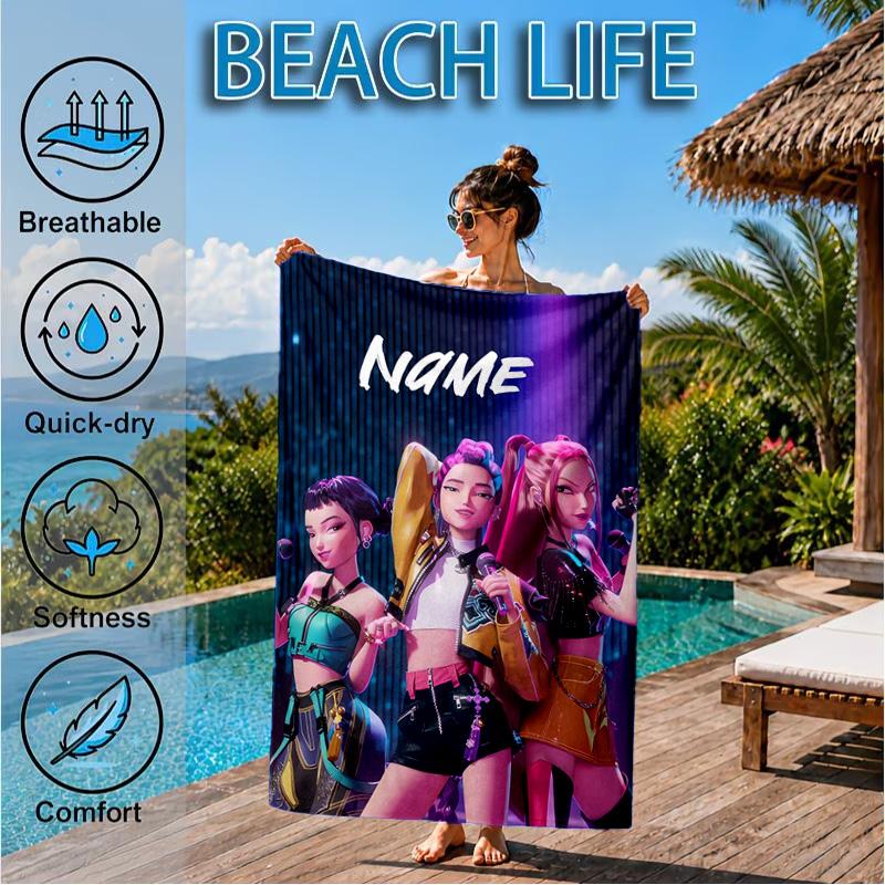 Custom Name KPop Cartoon Beach Towel Microfiber Beach Towel, Lightweight and Quick-Dry, for Summer Travel, Swimming Pool Gift