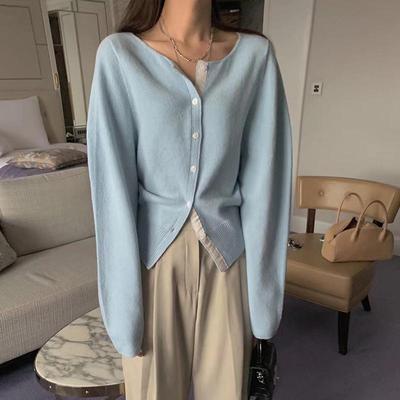 Damstickad kofta med babyblå lapptäcksdesign och enkelknäppning – Koreansk stil, höstvardagskläder