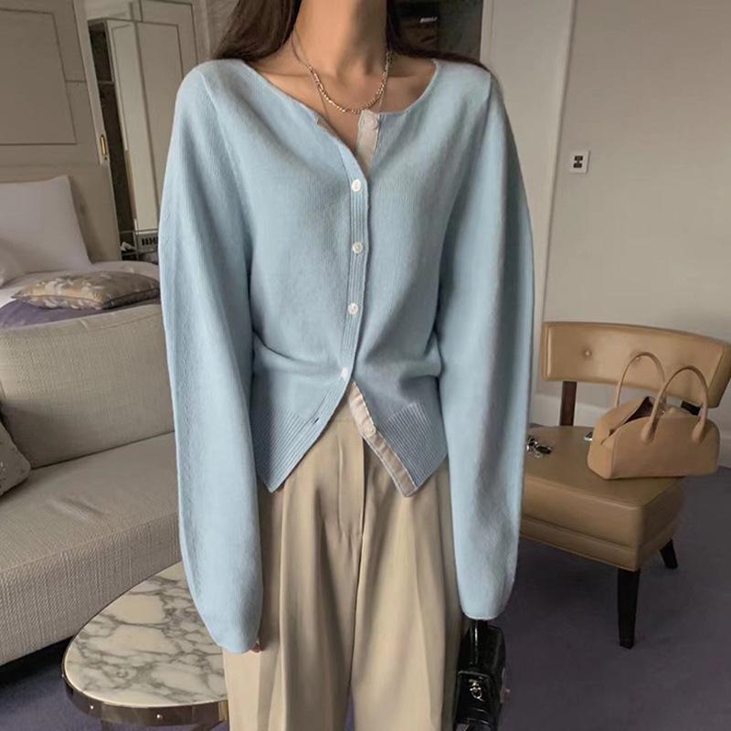 Women's Baby Blue Patchwork Single-Breasted Knitted Cardigan – Korean Style, Autumn Casualwear