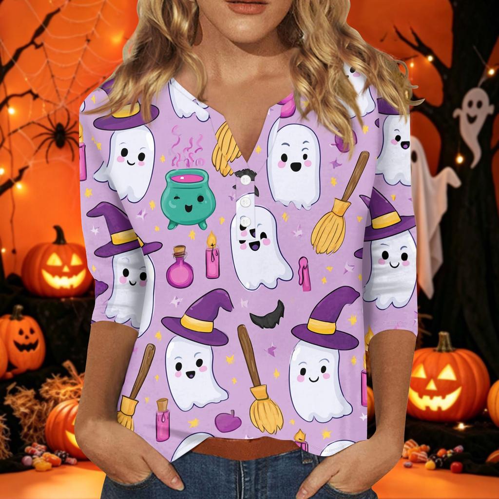 Women's Casual Halloween Print V-Neck Short Sleeve T-Shirt with Decorative Buttons