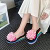 2025 summer new fashion slippers women's one-word thick-soled wedge heel flowers wear holiday wind seaside beach shoes women