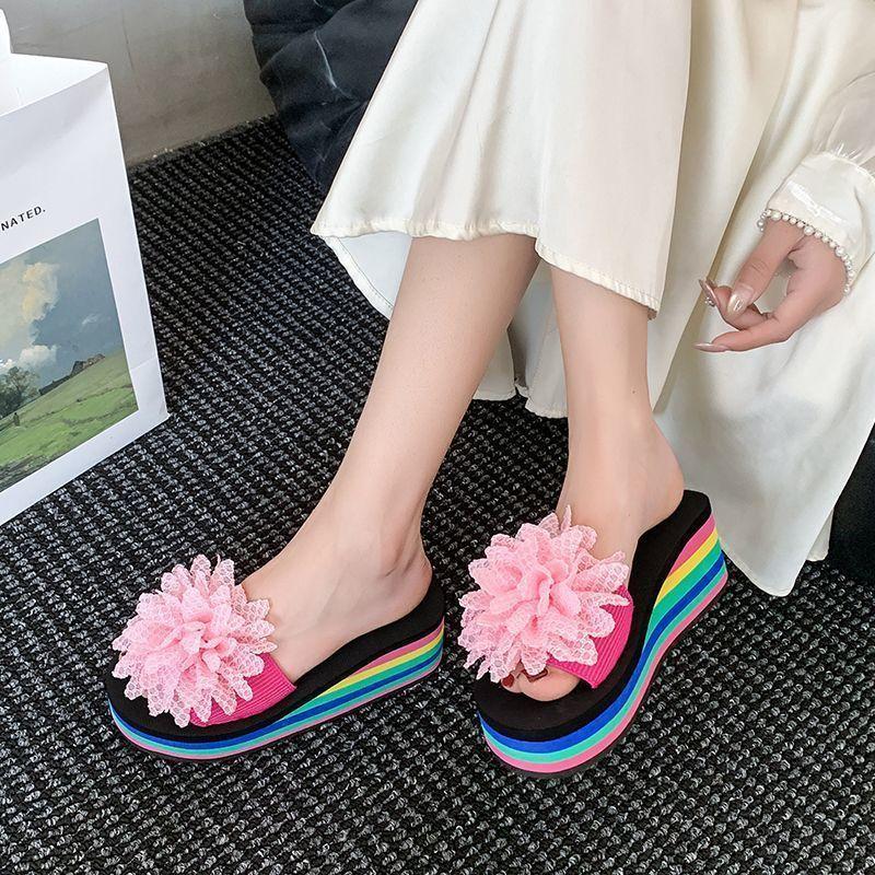 2025 summer new fashion slippers women's one-word thick-soled wedge heel flowers wear holiday wind seaside beach shoes women