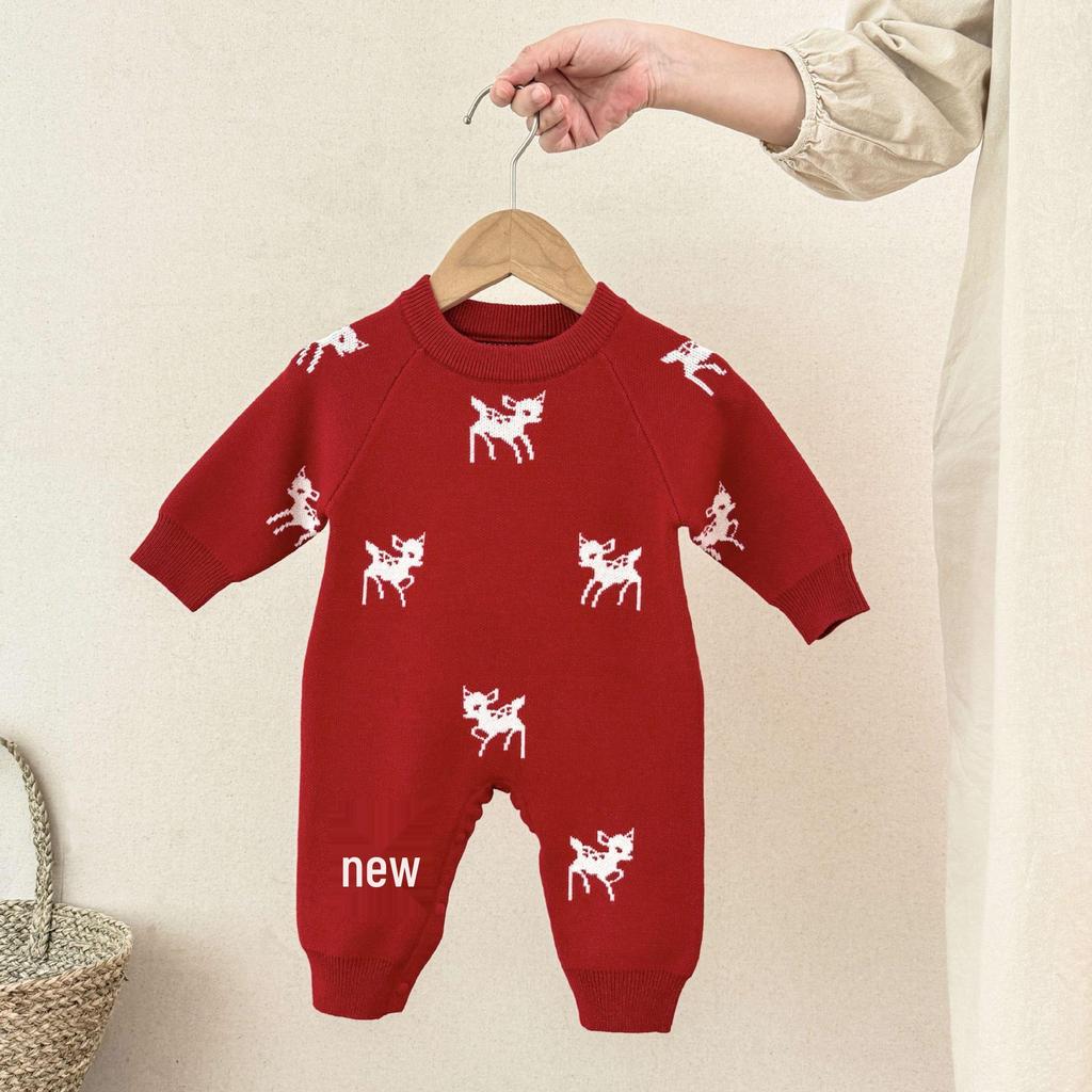 Knitted Jacquard Deer Baby Romper for Autumn & Spring - Unisex First Birthday Outfit
