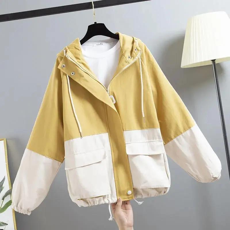 Women's Spring and Autumn Long-sleeved Zipper Jacket Patchwork Color Loose Hooded Baseball Suit