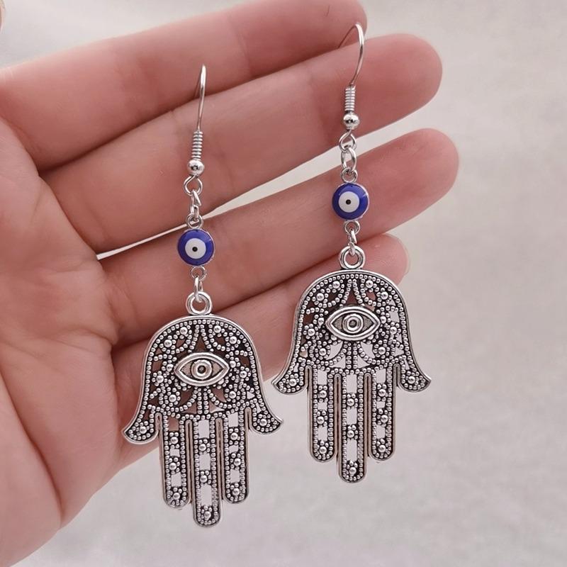 Bohemian Retro Silver Hamsa Earrings with Evil Eye & Fatima Hand Pendant