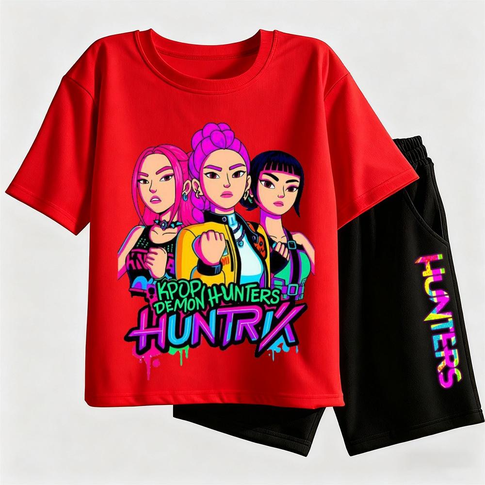 2pcs Kpop Demon Hunters Short Sleeved Shorts Set Featuring Rumi Mira Zoey Girl Group Magical Warrior Fan Tops