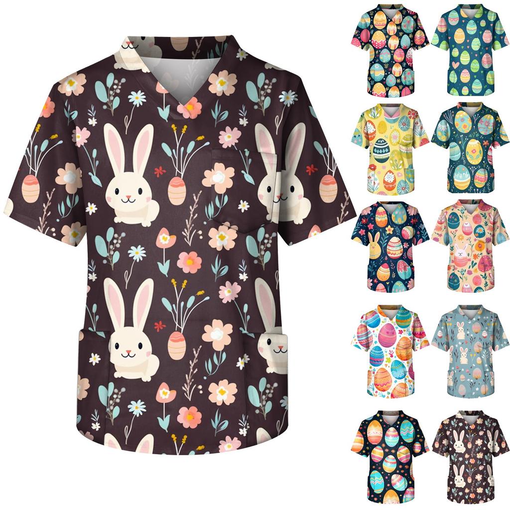 Men's Short Sleeve V-Neck Easter Egg Print Chest Pocket Care Top