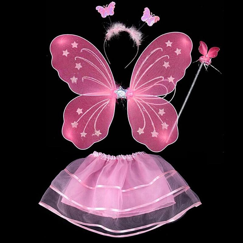 4Pcs Fairy Princess Children Costume Sets Butterfly Wings Wand Headband Tutu Skirt