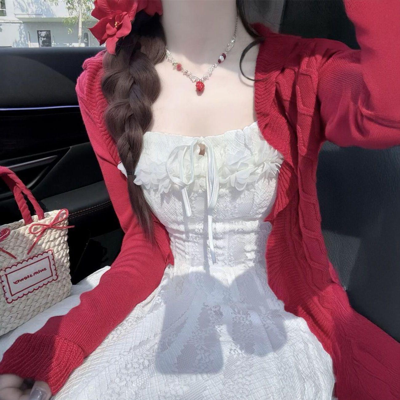 

French Chic White Camisole Dress & Red Knit Shawl Set S (75-90 lbs recommended)