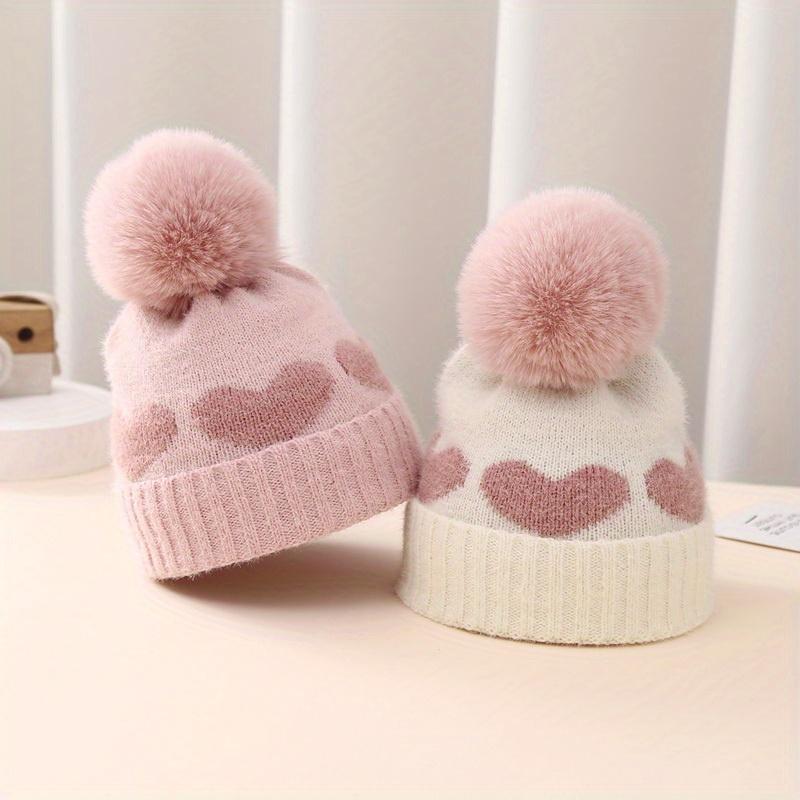Heart Pattern Knit Beanie, Warm Pullover Knitted Hat for Newborn 3-24 Months Baby Girls