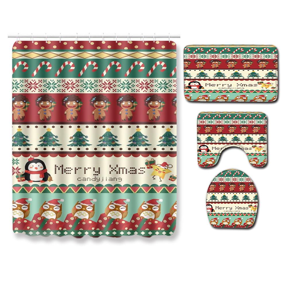 3D Digital Printing Christmas Waterproof Shower Curtain Four-Piece Bathroom Non-Slip Door Mat Toilet Absorbent Floor Mat Carpet