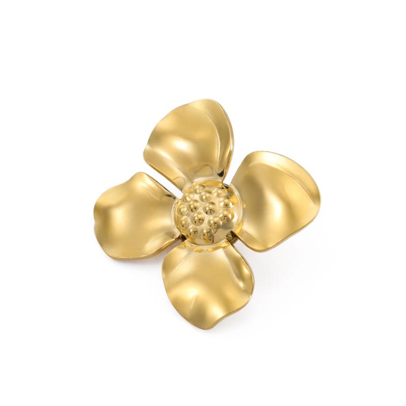 Womens Jewelry Four Petal Flower Brooch French Style Stainless Steel Gold Color Trendy Pin for Wedding Office Gift
