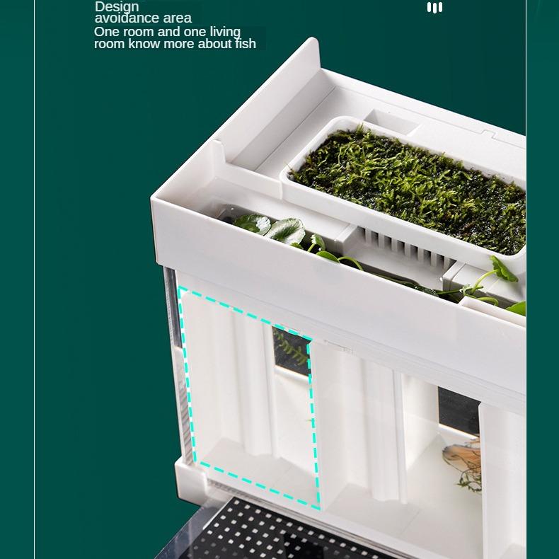 კრეატიული აკრილის მაგიდის ეკოლოგიური თევზის ავზი ფილტრით, არ საჭიროებს წყლის გაცვლას და სპეციალური საიზოლაციო ვედრო თევზის ავზი შუქით