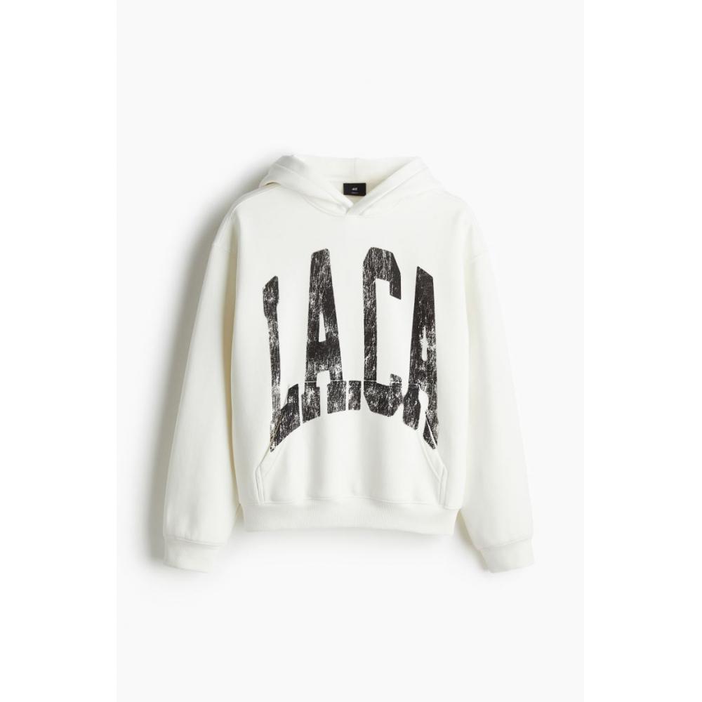 H M Printed Hoodie Loose Fit wHite La.ca