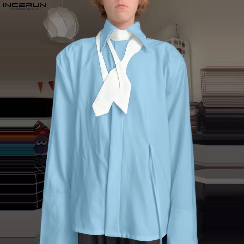 INCERUN Men Tie Lapel Neck Long Sleeve Solid Buttons Up Casual Oversized Shirts