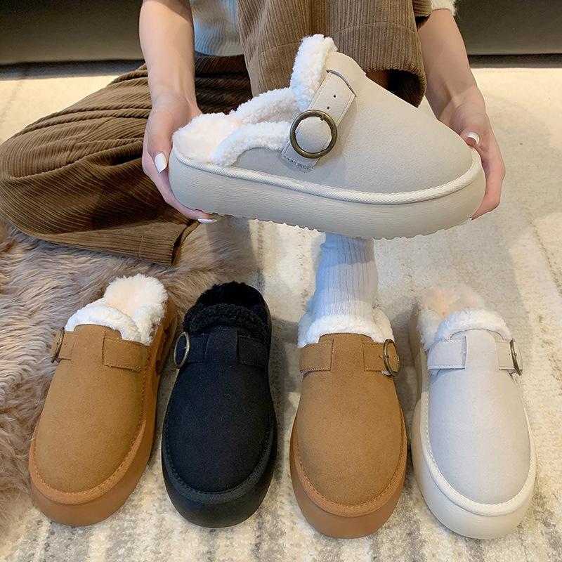 Autumn and Winter New Muffin Thick-soled Bag Head Half-drag Fluffy Shoes Women's Fashion Belt Buckle Outer Wear Cotton Slippers