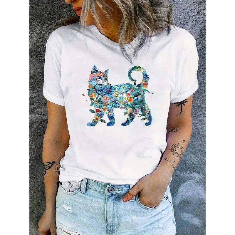 

Women s Floral Cat Print Short-Sleeve T-Shirt - Vintage Casual Crew Neck Top, Soft and Stretchy Fabric, Comfortable for All Seasons S белый