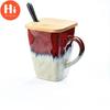Creative Flow Glaze Square Coffee Mug With Spoon and Lid Retro Tea Cup Simple Household Matte Color Ceramic Milk Water Cup Gift