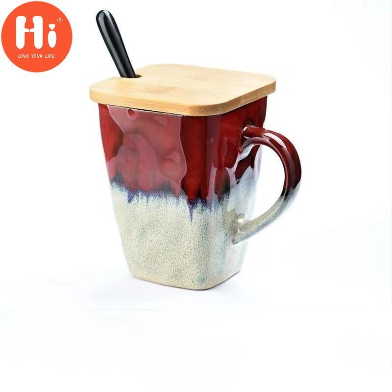 Creative Flow Glaze Square Coffee Mug With Spoon and Lid Retro Tea Cup Simple Household Matte Color Ceramic Milk Water Cup Gift