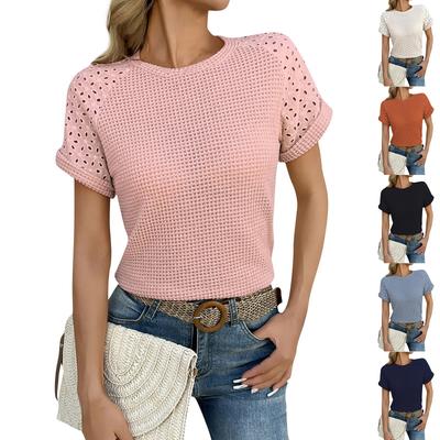 Women's Fashion Solid Color Round Neck Lace Splicing Casual Short Sleeve T-shirt Top